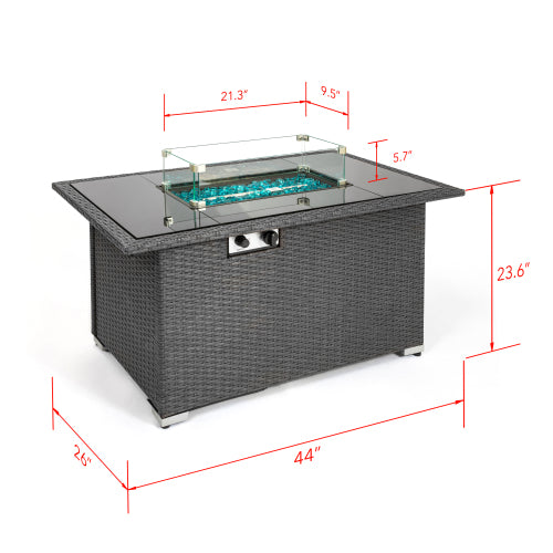 Outdoor 44" Fire pit Table Rectangle  with 8mm Tempered Glass Tabletop